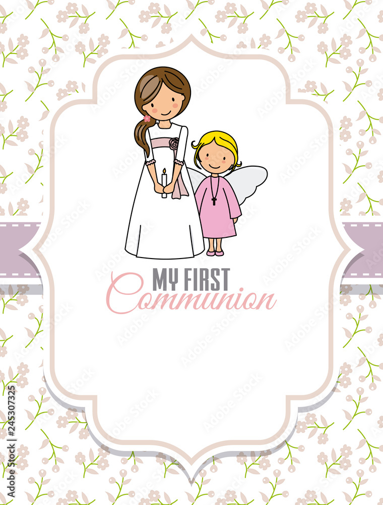My first communion. Girl and angel Space for text My first communion. Girl and angel Space for text