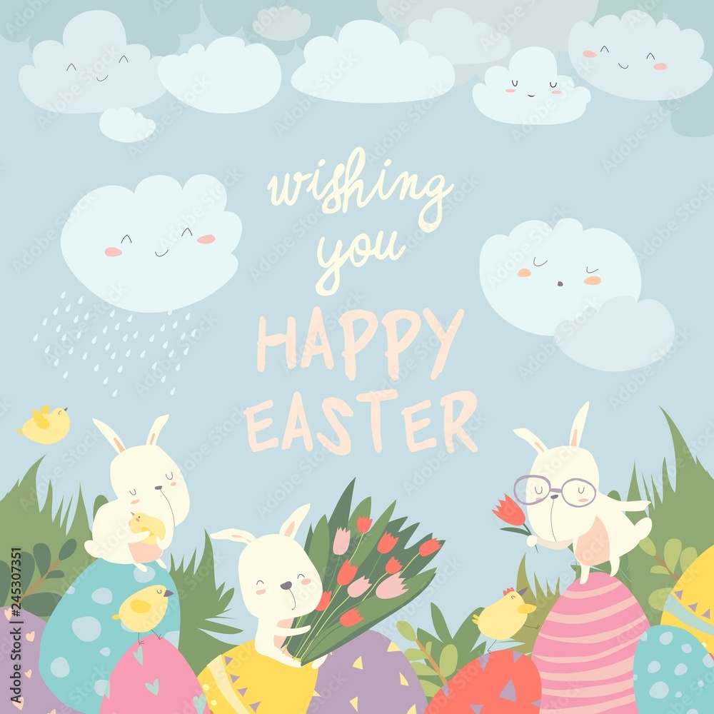 Cute Easter bunnies and easter egg. Happy holidays