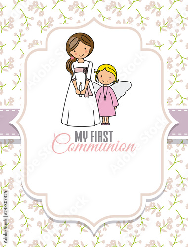 My first communion. Girl and angel Space for text