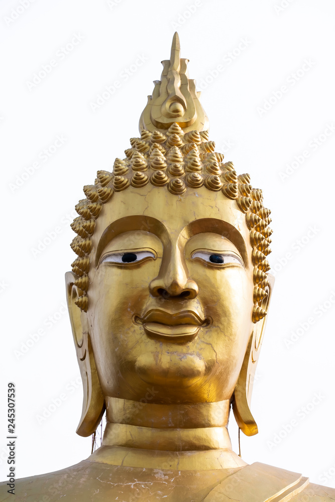 Golden yellow color Buddha head closeup