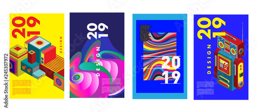 2019 New Poster Design Template. Trendy Vector Typography and Colorful Illustration Collage for Cover and Page Layout Design Template in eps10