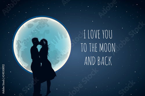 I love you to the moon and back. Cute positive lover slogan with full moon and lovers in hot air. Use for wishes, Valentines Day, date, wedding, posters, postcards, vector illustration.