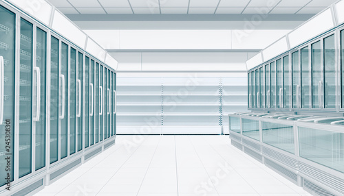 Refrigerated cabinets with glass doors in the supermarket. 3d illustration
