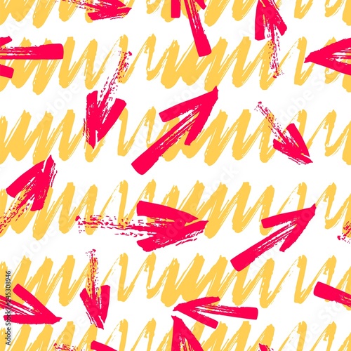 Striped wavy texture brush pattern with red arrows. Orange on white background. Vector illustration
