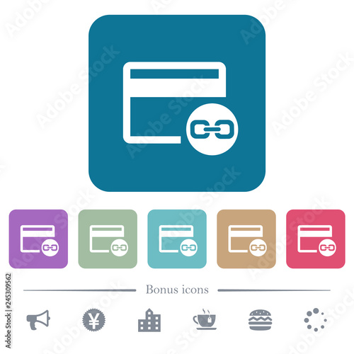 Attach credit card to account flat icons on color rounded square backgrounds