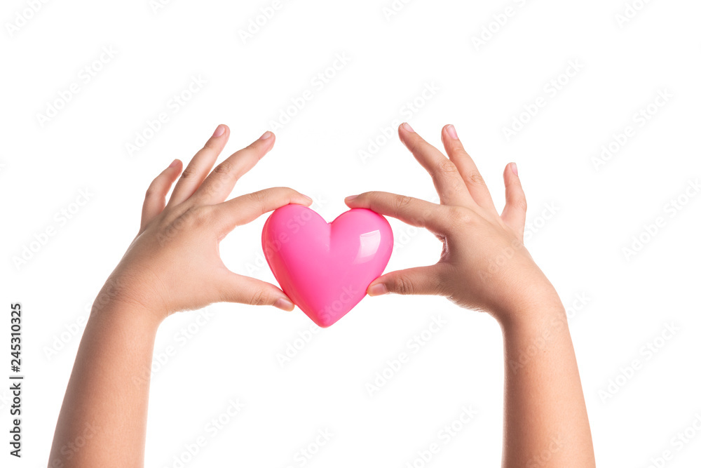 Pink heart on kid hand isolated on white Pink heart on kid hand isolated on white