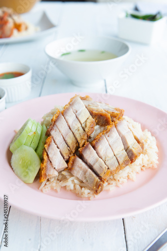 Hainanese rice with crispy pork , Thai gourmet steamed crispy pork rice