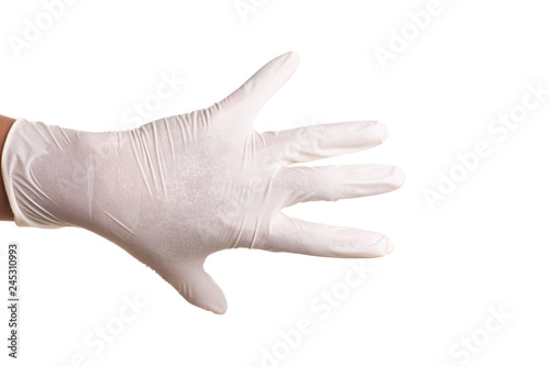 Doctor hand in white latex sterile gloves isolated on white