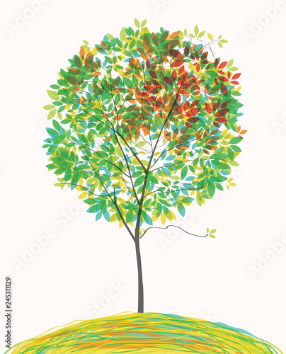 Vector spring illustration with stylized green tree on the hill in cartoon style.