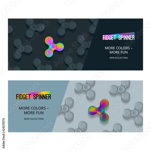 Vector Banner with Fidget Spinner. Rainbow Gradient Metal Toy. Advertisement Illustration with Popular Game for Relaxing