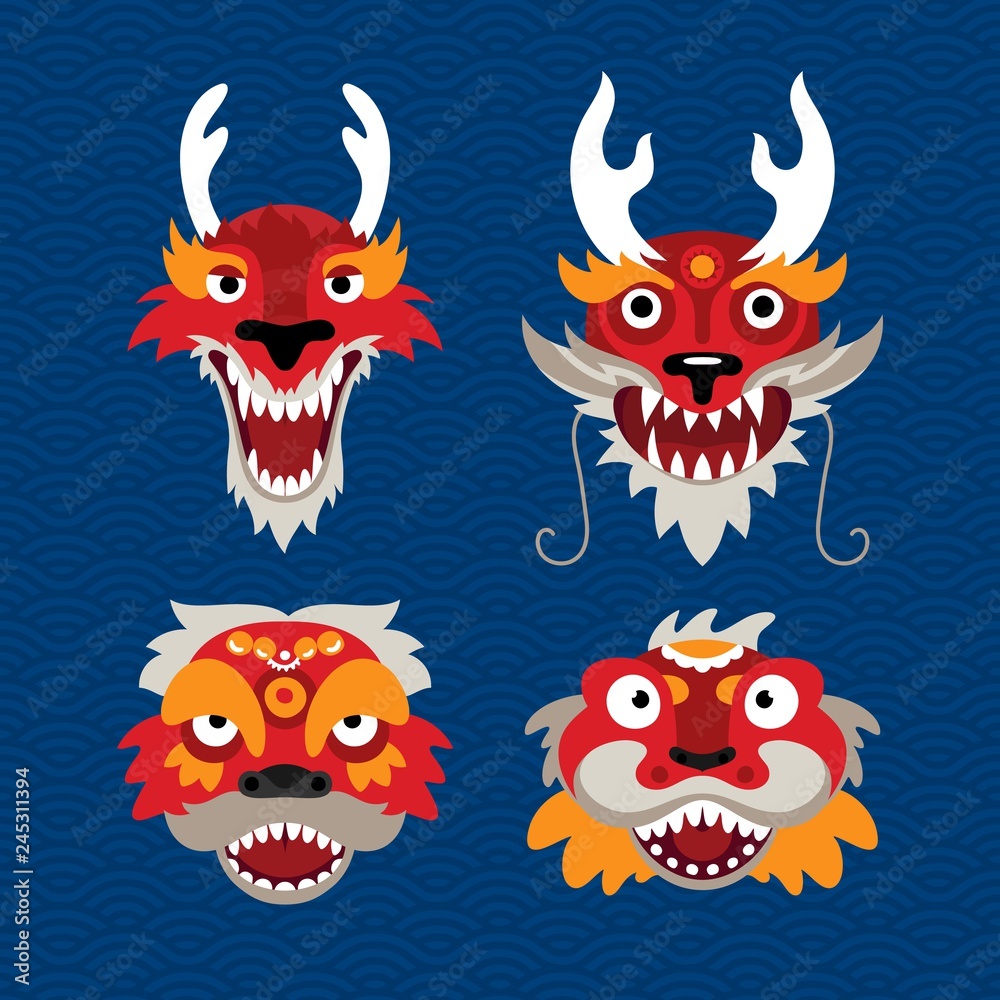 Set of Traditional Chinese Celebration Symbols Dragon and Lion. Stylized Illustration of Animal Heads.
