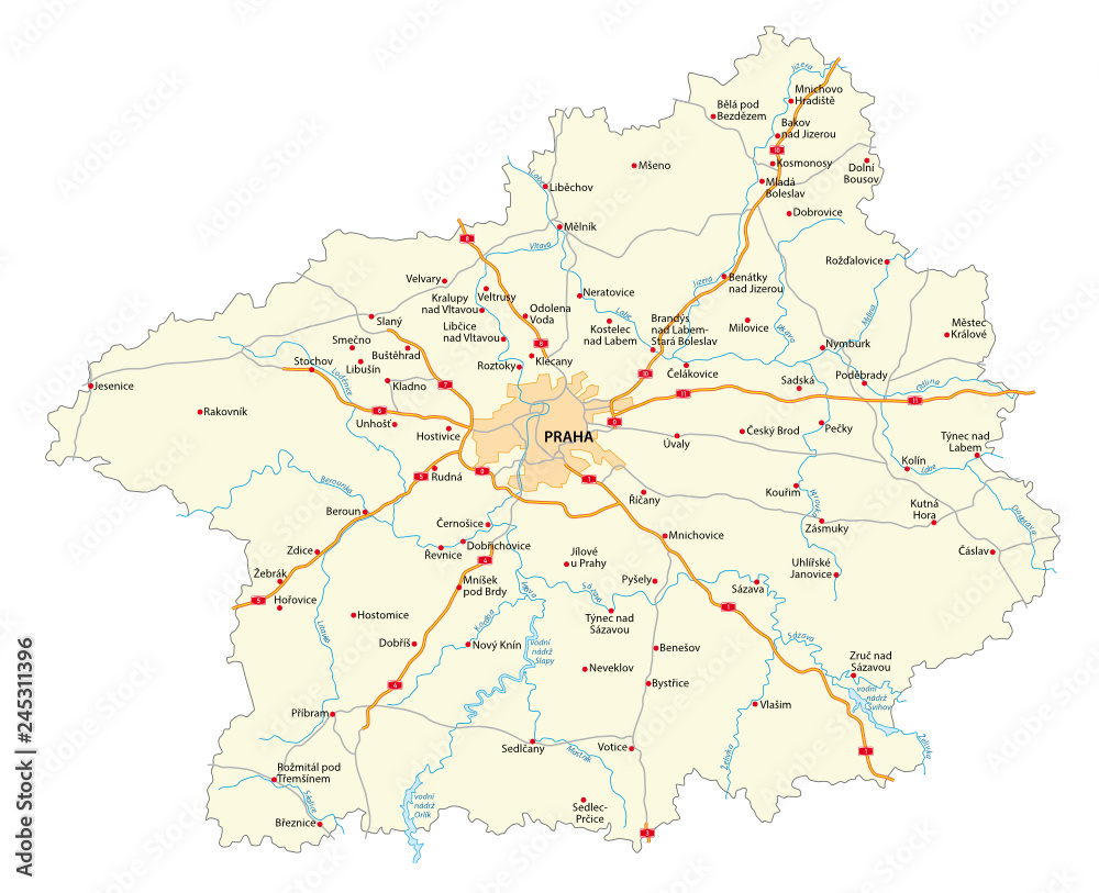 road map of czech region Stredocesky kraj (Central Bohemian)