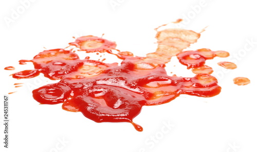 Ketchup, tomato sauce splatter, spill isolated on white background 