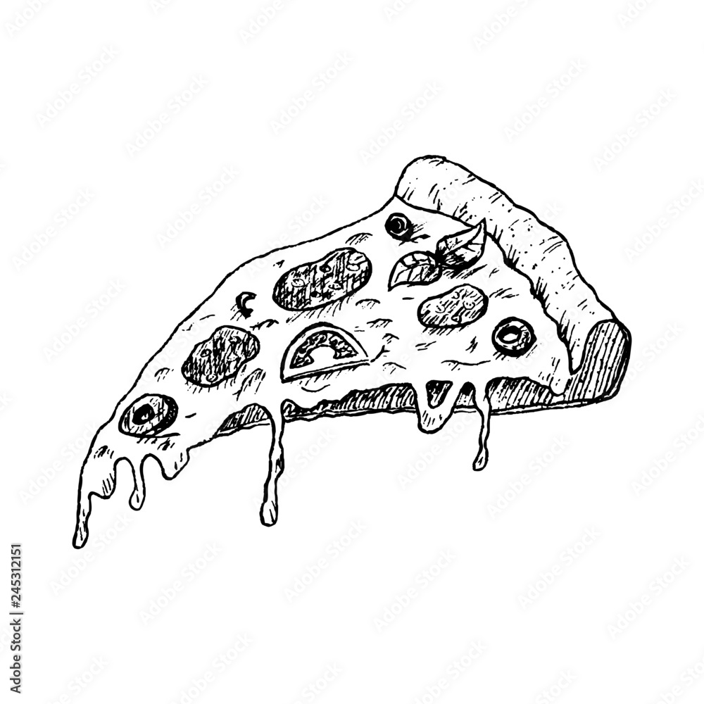 hand drawing sketch a slice of pizza black and white vector vector de Stock  | Adobe Stock