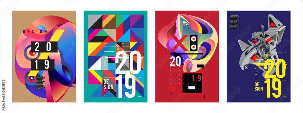 2019 New Poster Design Template. Trendy Vector Typography and Colorful Illustration Collage for Cover and Page Layout Design Template in eps10