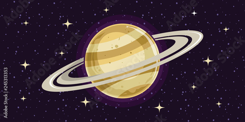 Cartoon of Saturn, solar system planets. Astronomical observatory and stars universe. Astronomy galaxy illustration vector.