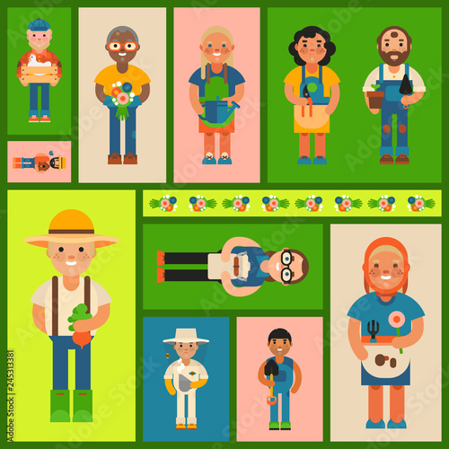 Happy farmers vector illustration. Old and young people, cartoon characters. Male and female gardener with flowers, vegetables, hen and garden tools, plants. Beekeeper in unirorm.