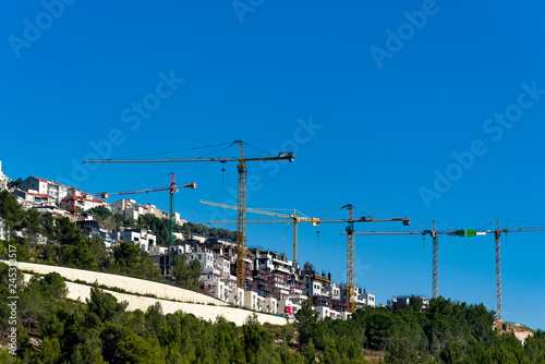 Many cranes silhouettes on clear and blue sky