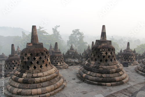 Borobudur Temple with the mysteries forest surrounding at dawn, Yogyakarta, Indonesia