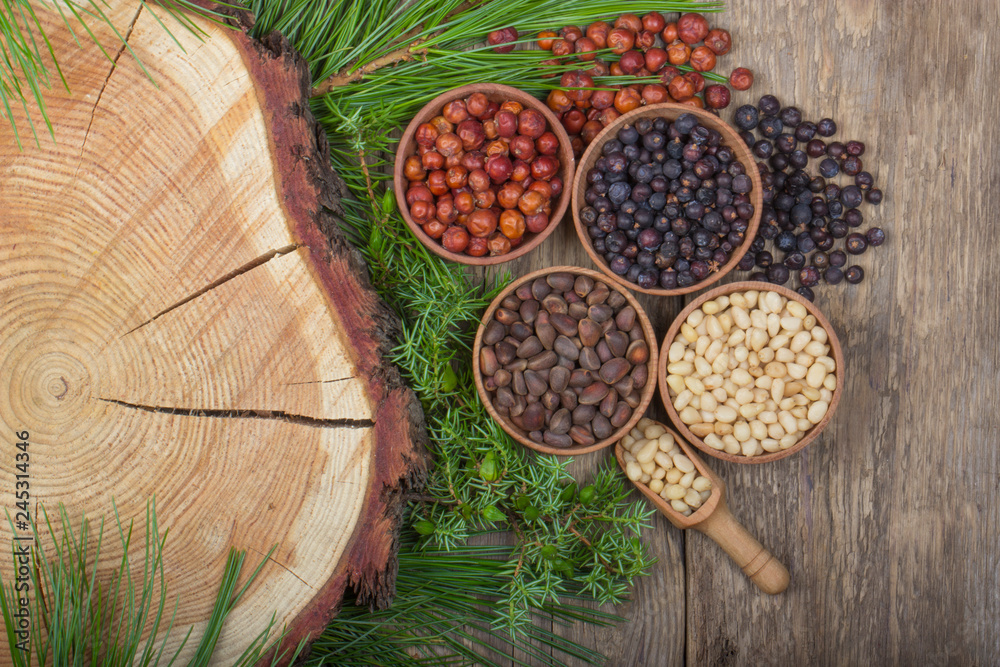 cedar nuts and juniper berries on wooden background cedar nuts and juniper berries on wooden background