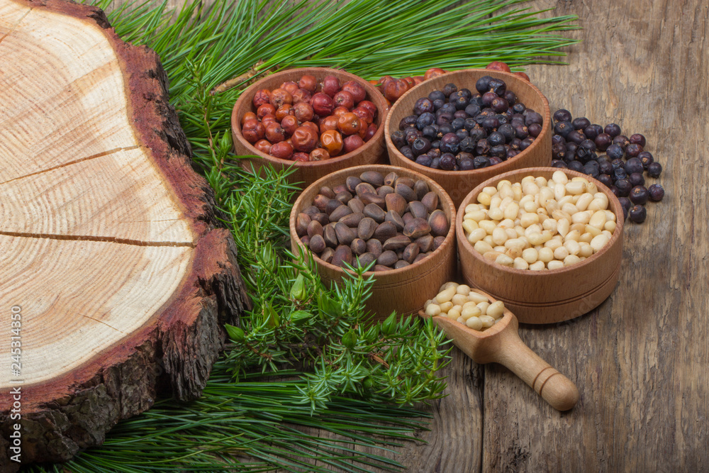 cedar nuts and juniper berries on wooden background cedar nuts and juniper berries on wooden background