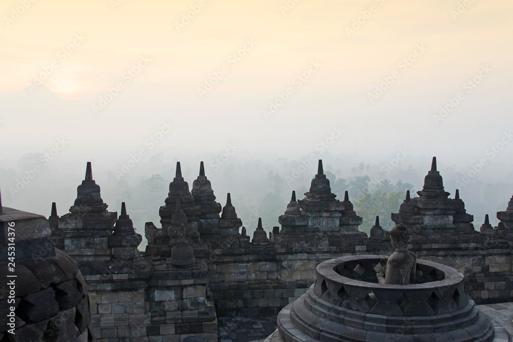 Silhouette Borobudur Temple with the mysteries forest surrounding at dawn, Yogyakarta, Indonesia
