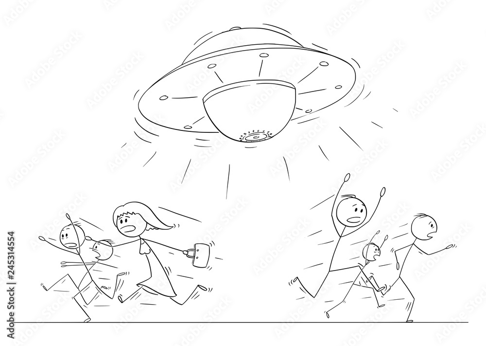 Φωτογραφία Cartoon stick figure drawing illustration of group or crowd of people running in panic away from UFO or alien space ship