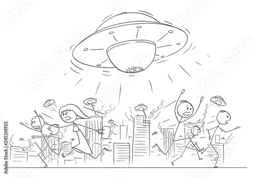 Cartoon stick figure drawing illustration of group or crowd of people running in panic away from UFO. Other alien space ships are attacking human city.