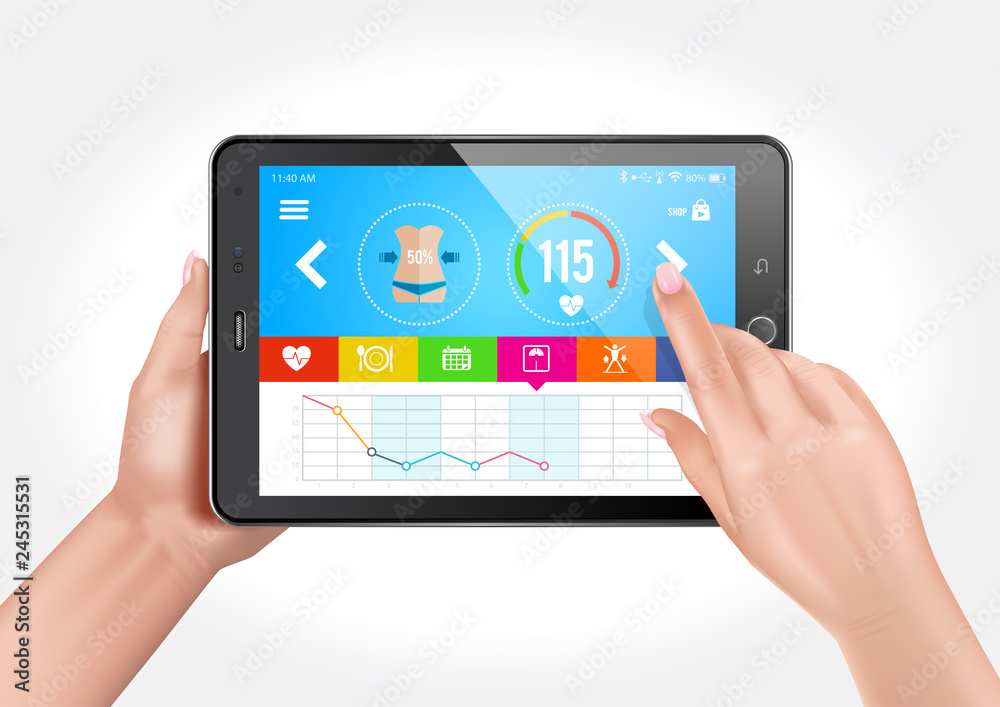 Vector design showing hands holding a tablet with a fitness app to control a healthy lifestyle Vector design showing hands holding a tablet with a fitness app to control a healthy lifestyle
