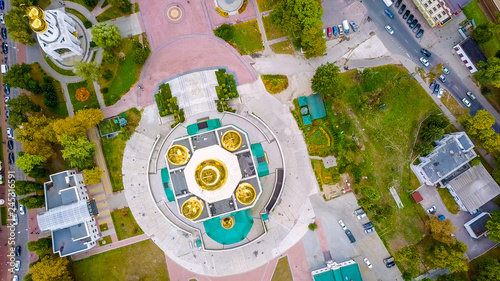 Russia, Kaliningrad. Victory Square and the Cathedral of Christ the Savior, From Drone, HEAD OVER SHOT photo