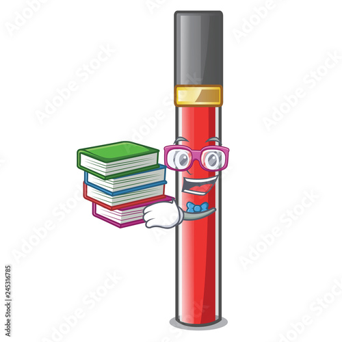 Student with book lip gloss above cartoon makeup table