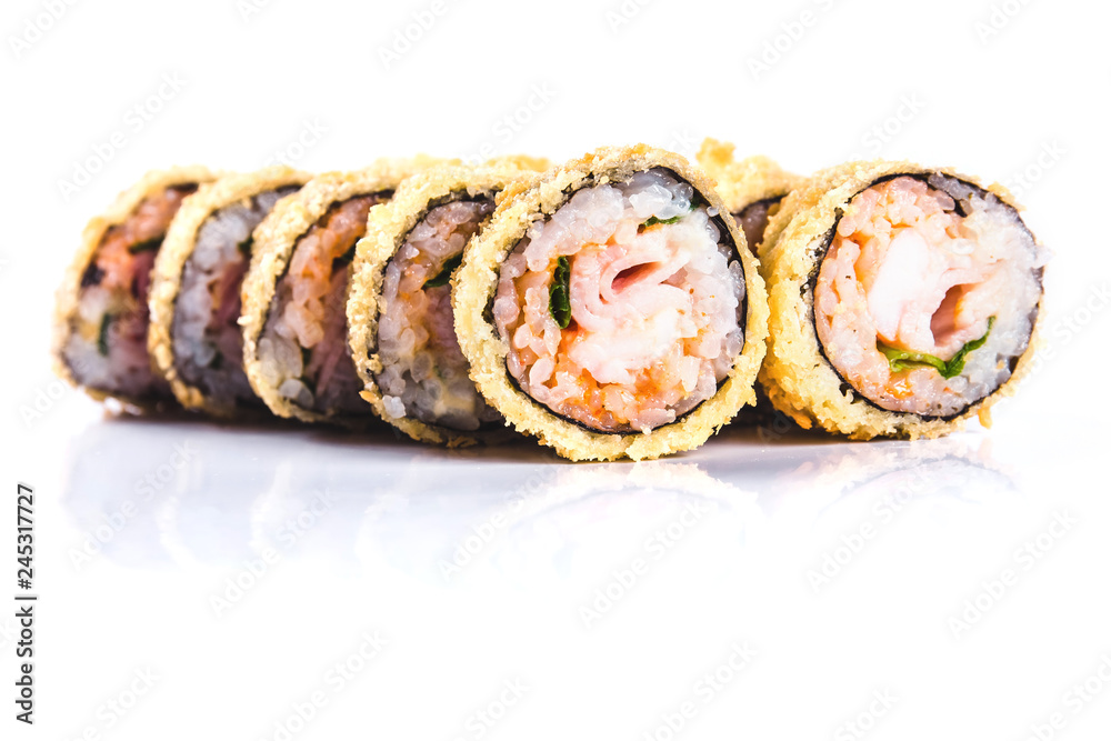 sushi rolls on white background isolated. Traditional Japanese cuisine