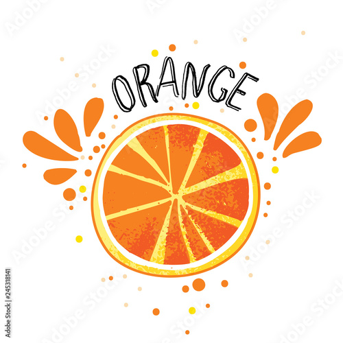 Vector hand draw orange illustration. Slice of orange with juice splashes isolated on white background. Textured orange citrus sketch, juice citrus fruit with word Orange on top. Fresh ripe mandarin