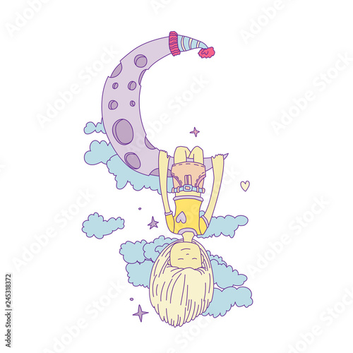 A little girl sleeping and dreaming, hanging on a crescent moon among the stars and clouds. Little girl dreaming on the moon. Dreaming little girl vector cartoon hand draw illustration