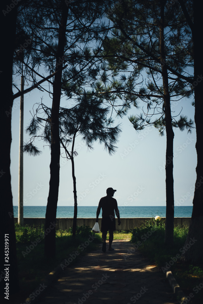 man shilouette is walking to the seaside through the park man shilouette is walking to the seaside through the park