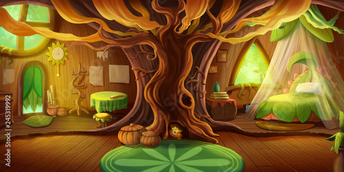 Fairy Tale Cottage Interior. Fiction Children Backdrop. Concept Art. Realistic Illustration. Video Game Digital CG Artwork. House Building Scenery.
