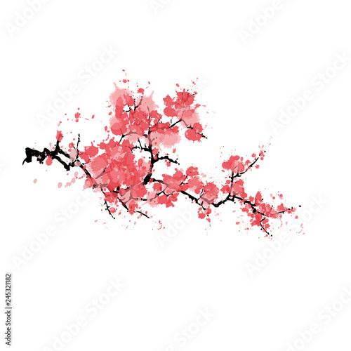 Fototapeta Naklejka Na Ścianę i Meble -  Artistic Sakura Blossom - Japanese Cherry Tree. Paint Splashes Flowers Plum Branch. Vector 
