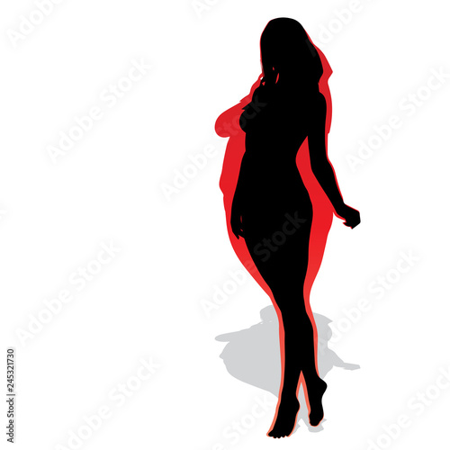 Vector conceptual fat overweight obese female vs slim fit healthy body after weight loss or diet with muscles thin young woman isolated. Fitness, nutrition or fatness obesity, health silhouette shape