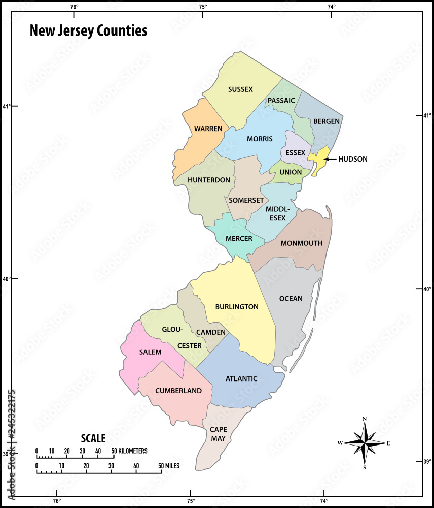 new jersey state outline administrative and political vector map in