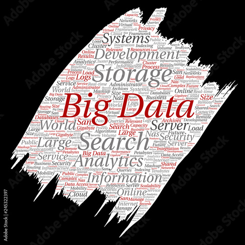 Vector conceptual big data large size storage systems paint brush paper word cloud isolated background. Collage of search analytics world information, nas development, future internet mobility concept