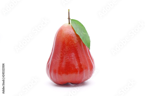 Rose apple or Bell fruit with green leaves isolated on white background.