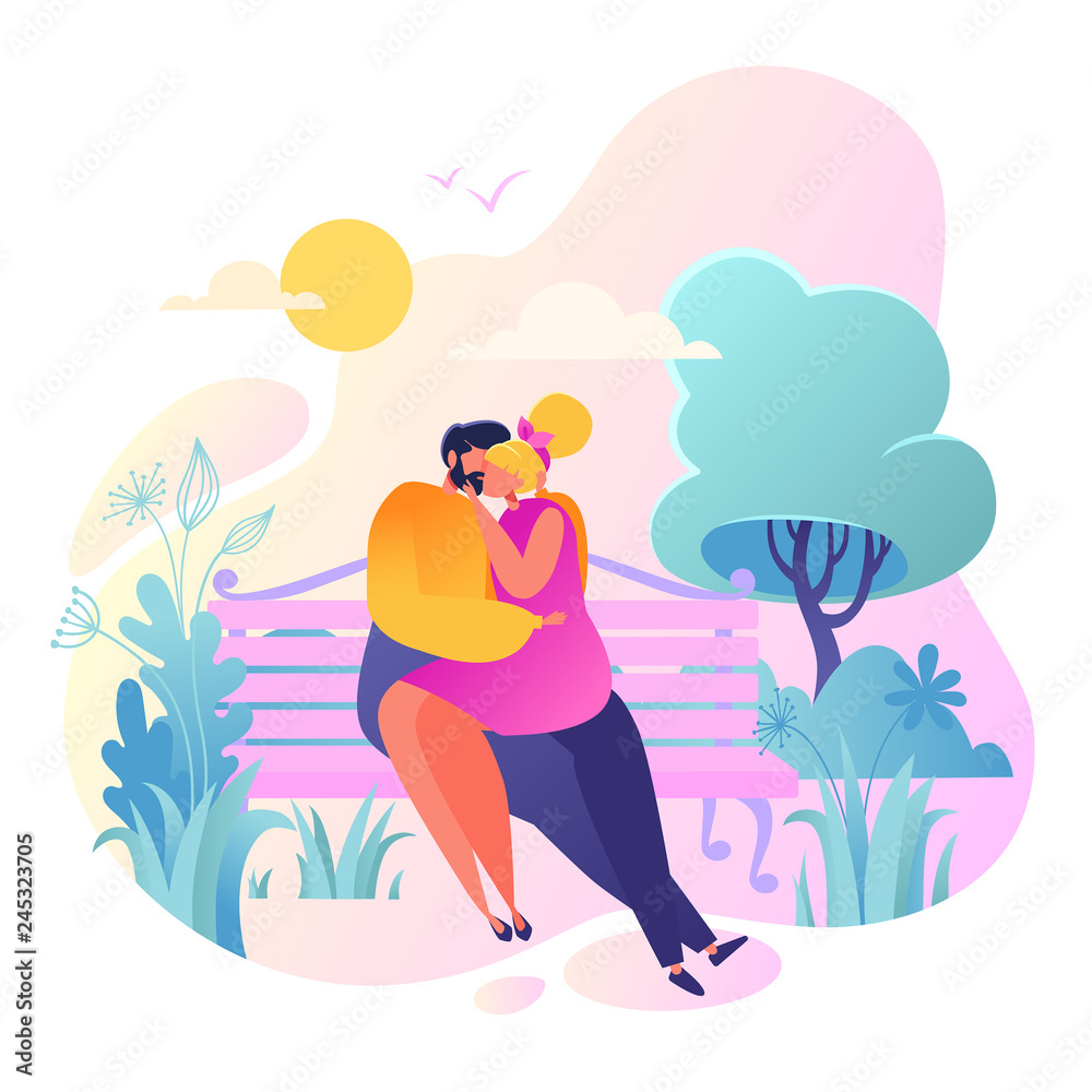 Romantic vector illustration on love story theme. Happy flat people character sitting on the bench, embrace and kiss. Happy lover man and woman flirt.
