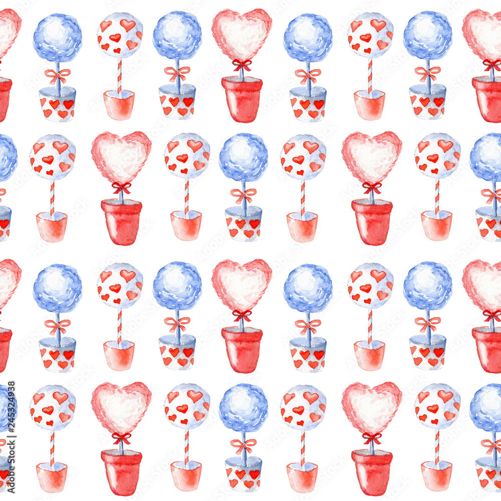 Seamless watercolor pattern with topiary trees. Valentine day background. Pattern for design, decoration, valentine day cards, print on paper