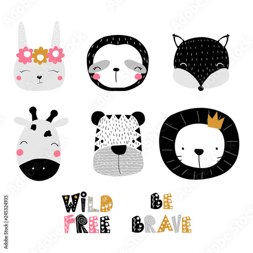 Canvas Print Set of cute animals faces and quotes