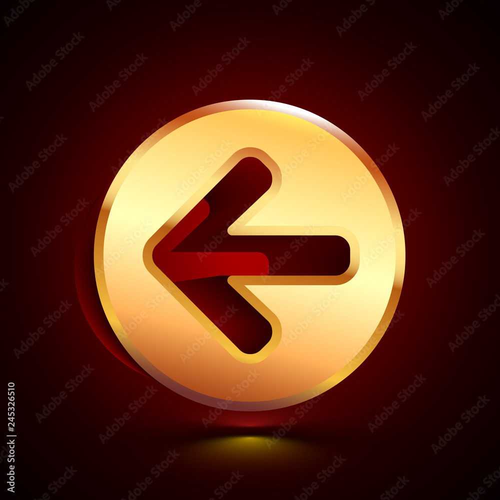 3D stylized Arrow Left icon. Golden vector icon. Isolated symbol illustration on dark background. 3D stylized Arrow Left icon. Golden vector icon. Isolated symbol illustration on dark background.
