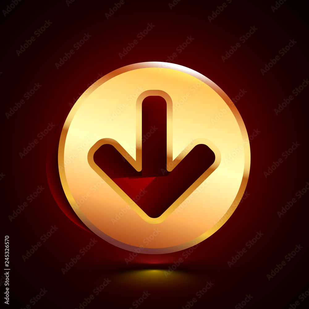 3D stylized Arrow Down icon. Golden vector icon. Isolated symbol illustration on dark background. 3D stylized Arrow Down icon. Golden vector icon. Isolated symbol illustration on dark background.