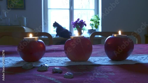 Apples, candles, brooches and cat photo