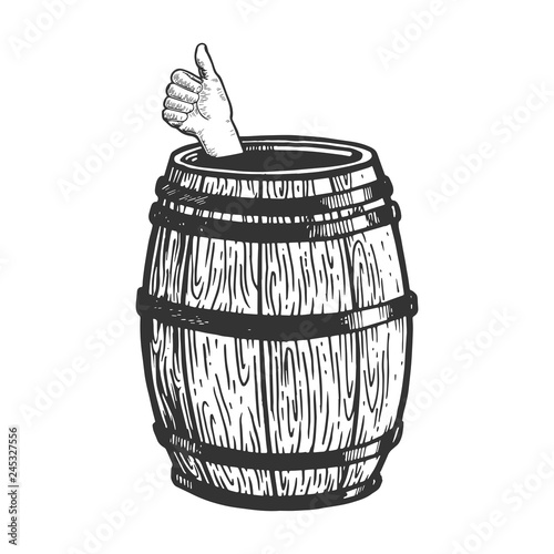 Thumb up in wine barrel engraving vector illustration. Scratch board style imitation. Black and white hand drawn image.