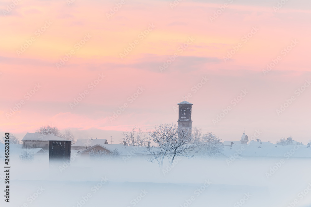 winter landscape with fog