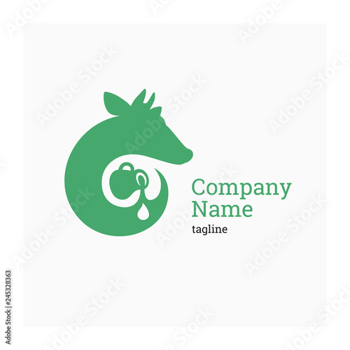 Logo for dairy company. Vector illustration cow and jug of milk. Label for natural farm products. Sign for agricultural company. Green icon with cow. Agro company logo